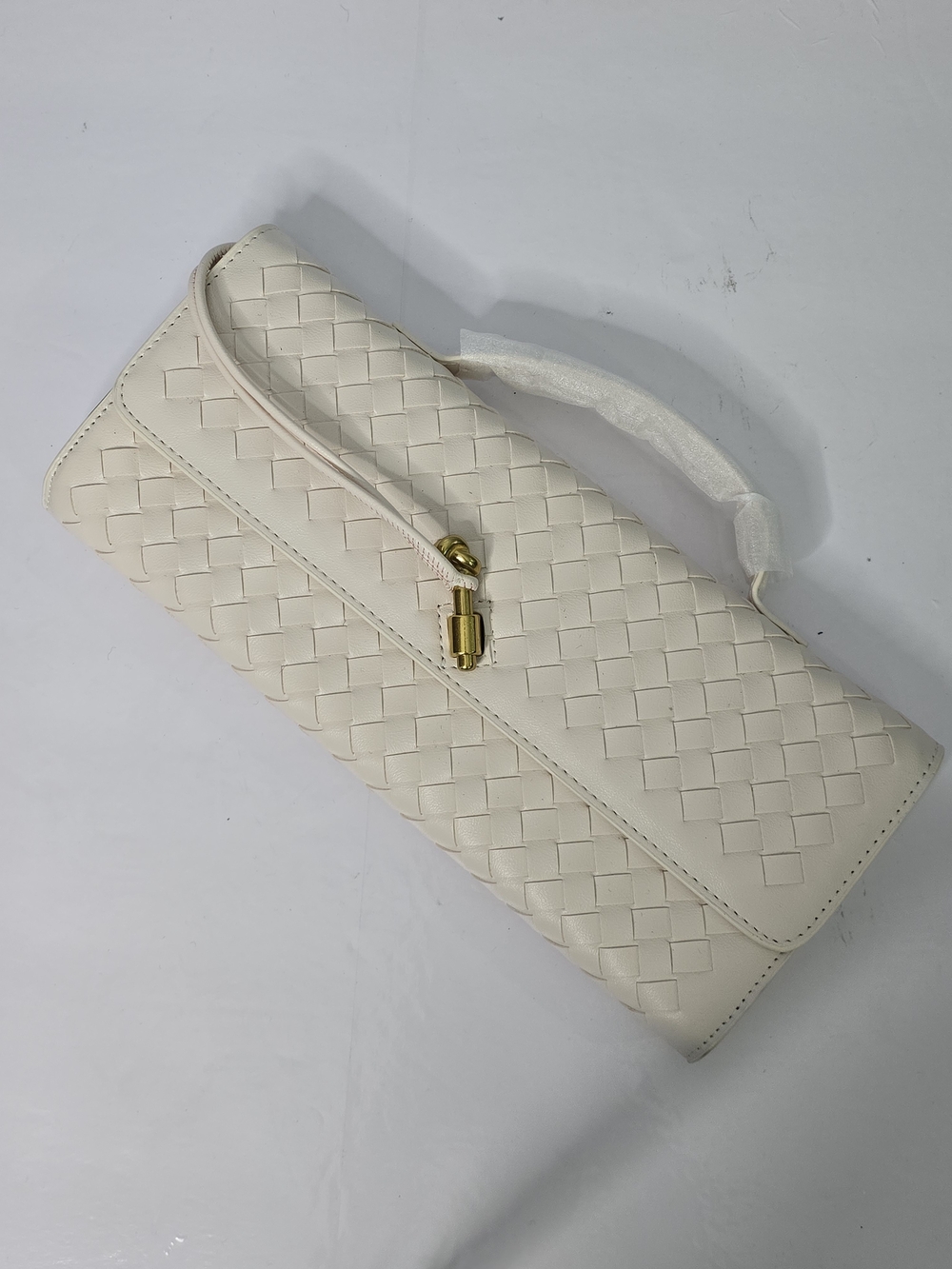 New Woven Cream Vegan Leather Shoulder Bag